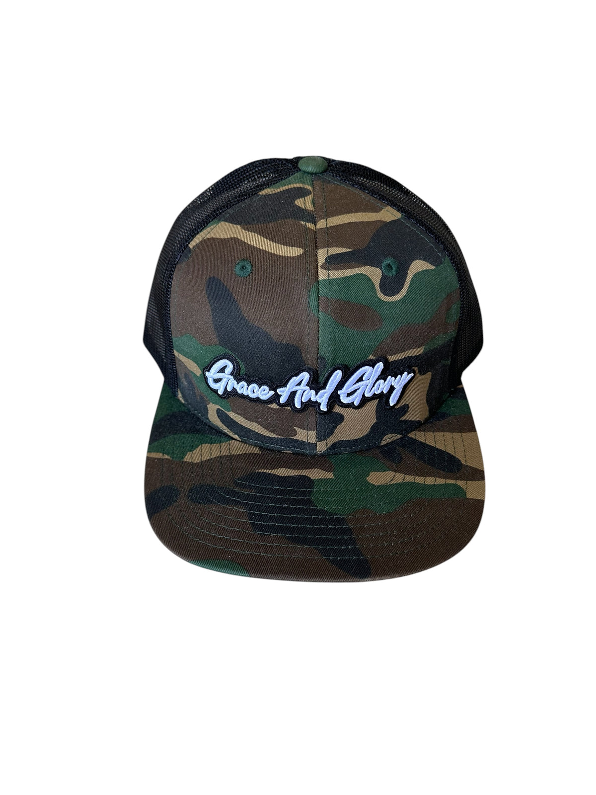 Camo Flat Bill Cap — Grace & Glory 3D Patch