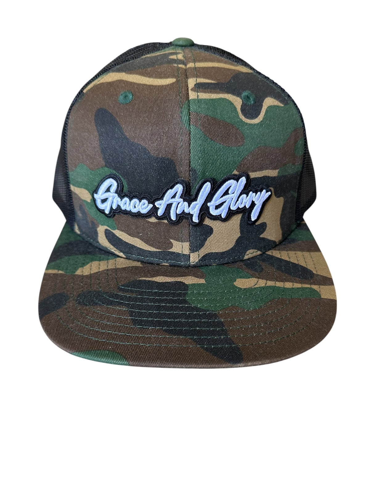 Camo Flat Bill Cap — Grace & Glory 3D Patch