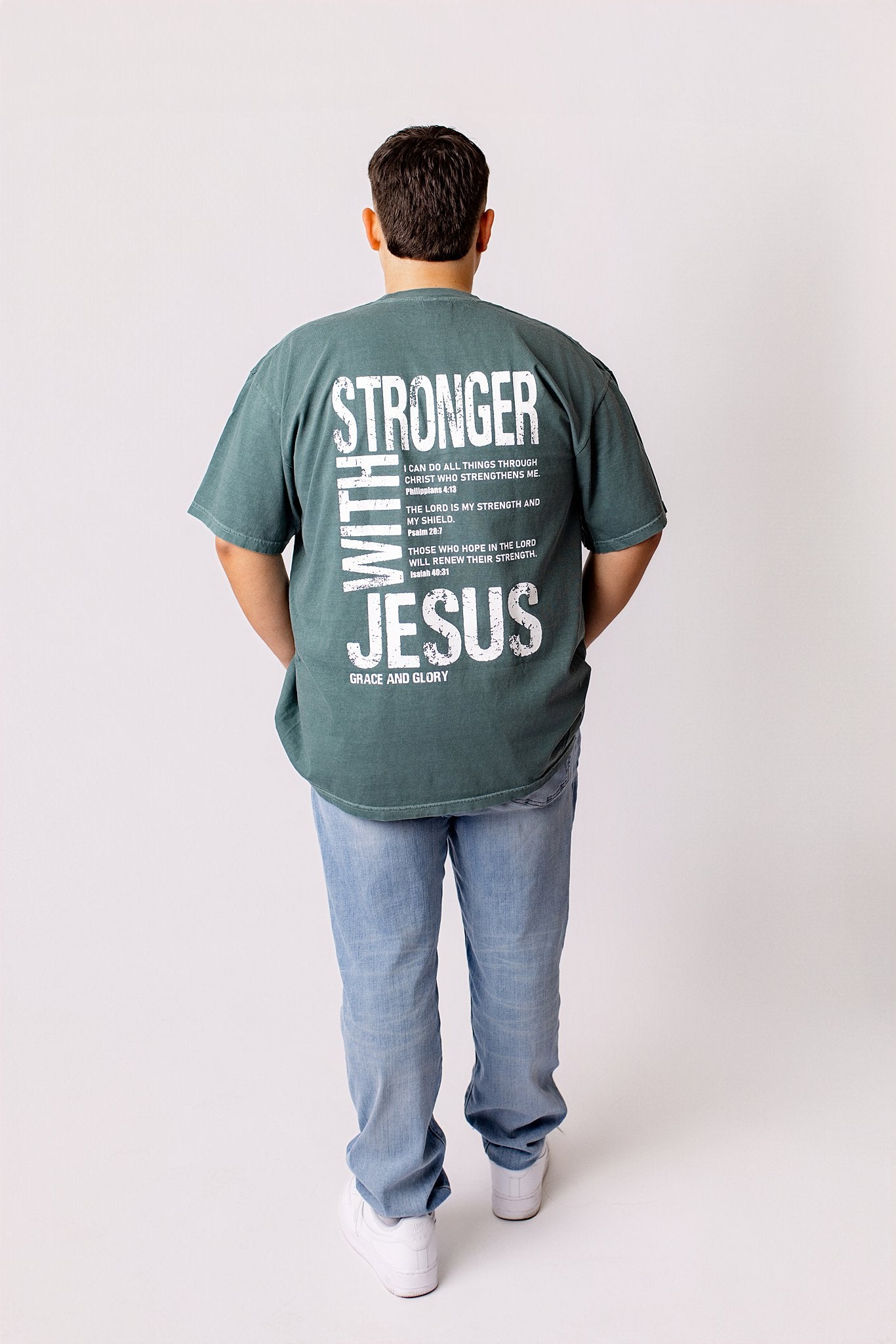 Stronger With Jesus Tee – Blue Spruce Comfort Colors